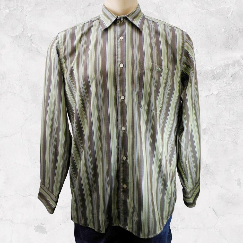 Lacoste Dress Shirt Men's 42 Green Brown Striped Brushed Cotton Long Sleeve